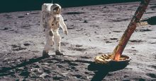 Edwin E. Aldrin (Buzz Aldrin) stands on the moon, Apollo 11