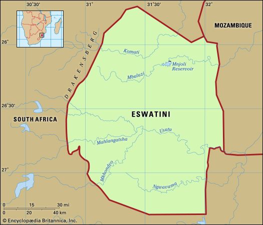 Eswatini (Swaziland). Physical features map. Includes locator.