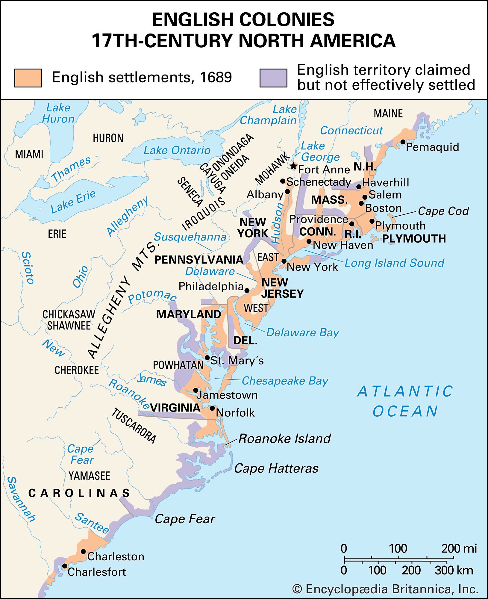 Map showing English colonies along the eastern coast of North America in 1689