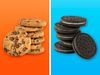 Thumbnail for 'Which Came First' Quiz. Composite image. Left is a stack of chocolate chip cookies on an orange background, right is a stack of off-brand oreos on a blue background. Dessert, food, snack