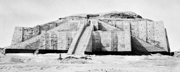 Northeastern facade (the ascents partly restored) of the ziggurat at Ur, southern Iraq.