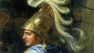 Detail showing Alexander the Great from "Alexander and Porus" oil on canvas by Charles Le Brun; in the collection of the Louvre, Paris, France.