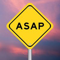 Yellow transportation sign with ASAP (as soon as possible) on violet color sky background. (acronyms)