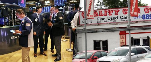 Composite image: stock exchange and used car lot.